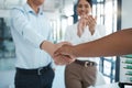 Management shaking hands with applause of meeting, consulting and hiring agreement of deal, partnership or office Royalty Free Stock Photo