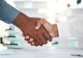 Management shaking hands, business meeting and consulting, hiring and agreement for deal, partnership and collaboration