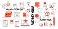 Management, workflow and analytics - line design style icons