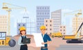 Manager and architect discussing project on paper. People wearing helmets on construction site and standing in front of Royalty Free Stock Photo