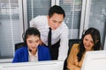 team call center operator with headset workplace Royalty Free Stock Photo