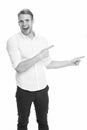 Manager or assistant help find direction. Pointing direction. Man shop assistant pointing index finger isolated on white Royalty Free Stock Photo