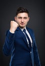 Manager in blue suit standing in fighting stance Royalty Free Stock Photo