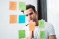 Manager brainstorming new startup business and posted on a sticky glass note wall Royalty Free Stock Photo