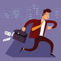 A manager or businessman is late hurry run. Man late for work runs with a suitcase falling paper Businessman run and look on watch Royalty Free Stock Photo