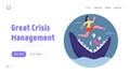 Manager Character Avoid Dangerous or Crisis Situation Website Landing Page. Businesswoman Jumping over Shark