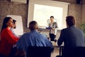 Manager in company holding lecture to business group