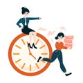 Manager directs operations as staff tackle time-sensitive tasks, symbolized by a prominent clock