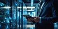 Manager-engineer checking and controlling automated servers Royalty Free Stock Photo