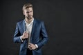 Manager in formal outfit. Man in blue suit jacket and shirt. Businessman with beard and stylish hair. Fashion, style and dress cod Royalty Free Stock Photo