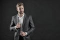 Manager in formal outfit. Man in blue suit jacket and shirt. Businessman with beard and stylish hair. Fashion, style and Royalty Free Stock Photo