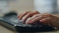 Manager hands typing desktop keyboard closeup. Journalist woman writing article. Royalty Free Stock Photo