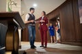 A manager and his team discussing a business conference at the hotel. Hotel, business, people Royalty Free Stock Photo