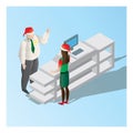 manager instructing the cashier at counter. Vector illustration decorative design