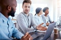 Manager, laptop and mentor helping black man, new worker or intern with project management, explain or leader managing Royalty Free Stock Photo