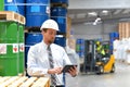 manager in a logistic company work in a warehouse with chemicals - checking goods with tablet Royalty Free Stock Photo