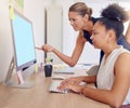 Manager, negative feedback and a business woman using a computer to work on a project in the office. Supervisor, review