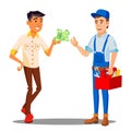 Manager Paying Money To Repairman For The Work Done Vector. Isolated Illustration
