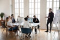 Manager presenting sales report to office colleagues Royalty Free Stock Photo