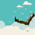 Manager sitting on a cloud. a rain from dollar banknotes. flat style vector illustration.