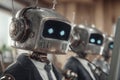 A manager stands behind a line of AI robot workers seated at their computers, overseeing their tasks Royalty Free Stock Photo