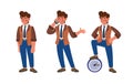 Manager in suit in different poses talking on phone and standing on clock vector