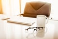 Manager Table with Desktop Computer and eye glasses Royalty Free Stock Photo