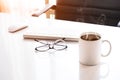 Manager Table with Desktop Computer and eye glasses Royalty Free Stock Photo