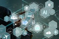 Manager Technical Industrial Engineer working and control robotics with monitoring system software and icon industry