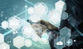 Manager Technical Industrial Engineer working and control robotics with monitoring system software and icon industry