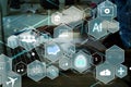 Manager Technical Industrial Engineer working and control robotics with monitoring system software and icon industry