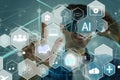 Manager Technical Industrial Engineer working and control robotics with monitoring system software and icon industry