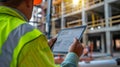 A manager using a digital tablet to create and share a checklist for safety protocols on the construction site Royalty Free Stock Photo