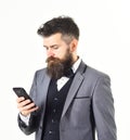 Manager using a phone on white background. Royalty Free Stock Photo