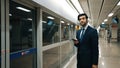 Manager wearing headphone at train station while holding mobile phone. Exultant. Royalty Free Stock Photo