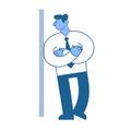 Manager in white shirt standing leaning against gray wall with his arms crossed. Concept for banners, infographics or