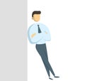 Manager in white shirt standing leaning against gray wall with his arms crossed. Concept for banners, infographics or
