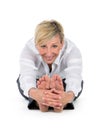 Manager woman doing yoga at white background