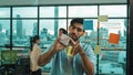 Manager writing sticky notes at glass wall to planing strategy. Tracery Royalty Free Stock Photo