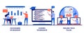 Managers, coding workshop, online tech talks concept with tiny people. Employee skills training abstract vector illustration set.