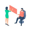 Managers prepare statistical report isometric illustration. Female character analyzing infographic curve red board.