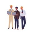 Managers working on laptop and talking flat vector illustration. Cheerful office workers in business suits discussing