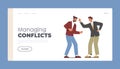 Managing Conflicts Landing Page Template. Angry Businessmen Quarrel and Fight Waving Fists and Arguing in Office