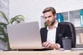 Managing employee. Sales manager work on computer. Office manager at office desk. Project manager use new technology for