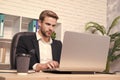 Managing employee. Sales manager work on computer. Office manager at office desk. Project manager use new technology for