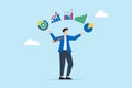 Managing multiple market strategies, balancing data insights, dynamic business planning, data-driven multitasking concept vector