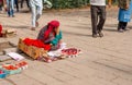 Manali, Himachal Pradesh, India - May 27, 2019 : Seller at Hidimda Devi Temple in Manali, Himachal Pradesh, India