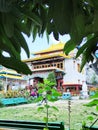 Manali India OCT 23 2022 Buddhist temple at Manali is a very peaceful and beautiful , full of colorful flowers grown in the