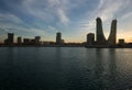 Bahrain Financial Harbour building during sunset.