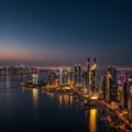 Manama, Bahrain - November10,: Beautiful Aerial View of Four seasons hotel and Bahrain Bay at blue hour. made with Royalty Free Stock Photo